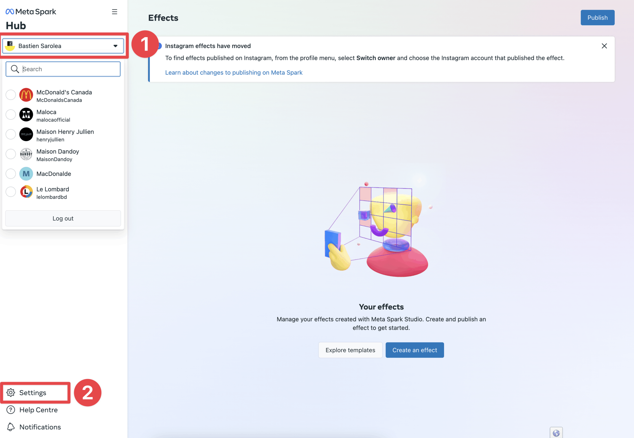 Ajouter AR manager Meta Spark