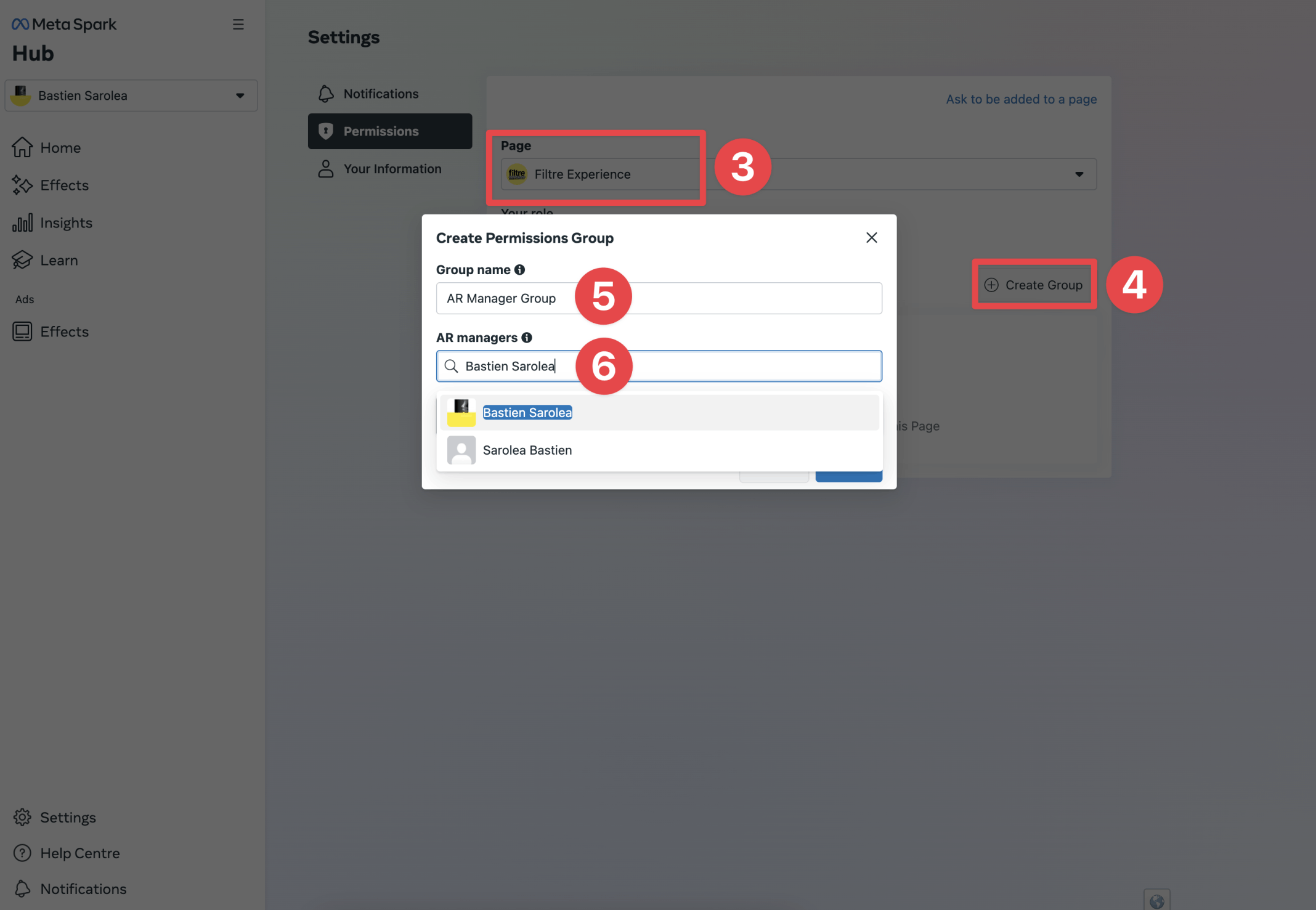 Ajouter AR manager Meta Spark